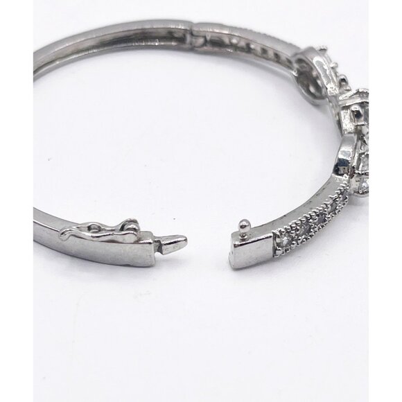 Silver Tone Cubic Zirconia Hinged Bangle Bracelet Vintage Style Three Stone - Picture 5 of 9